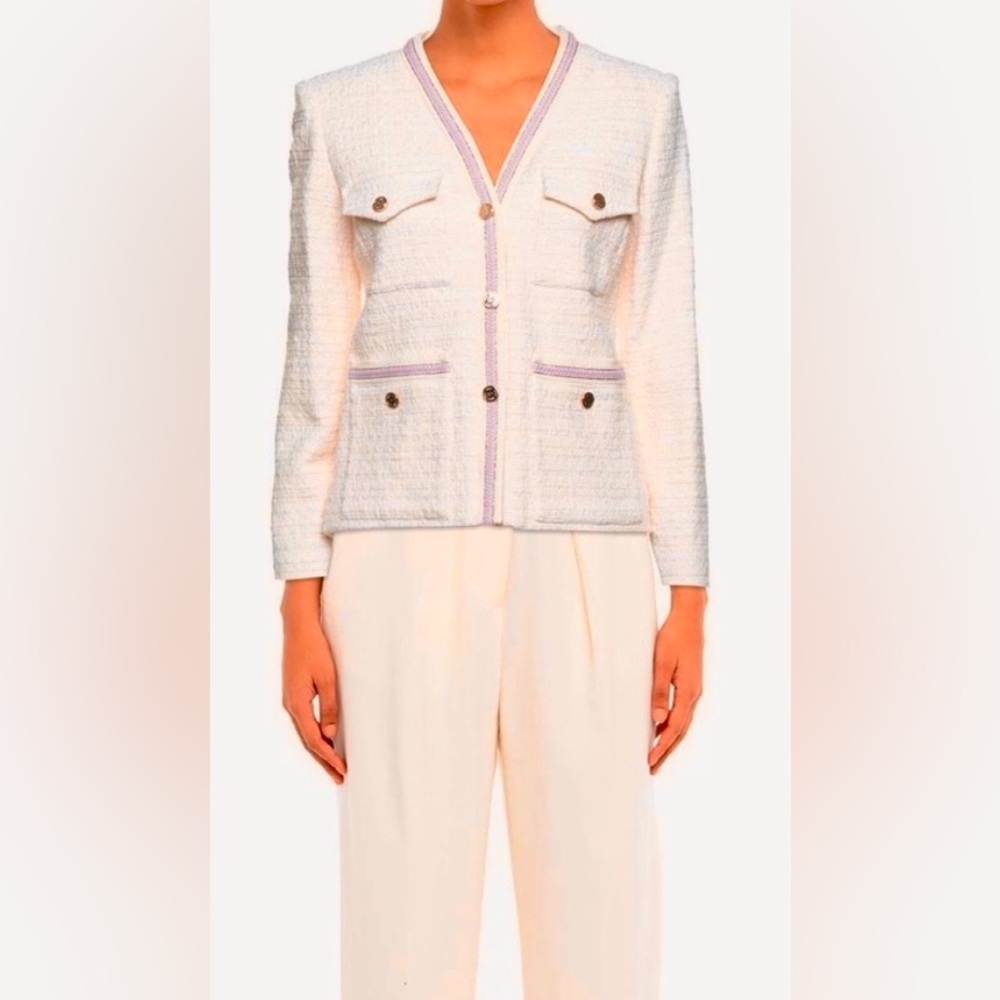 Maje Vivossa Tweed Short Jacket Lavender Trim on Cream Cotton EU Sz. 40 = L NWT